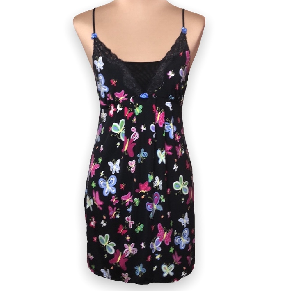 Betsey Johnson Intimates Slip Dress Chemise Butterfly Print Black Y2K Size M